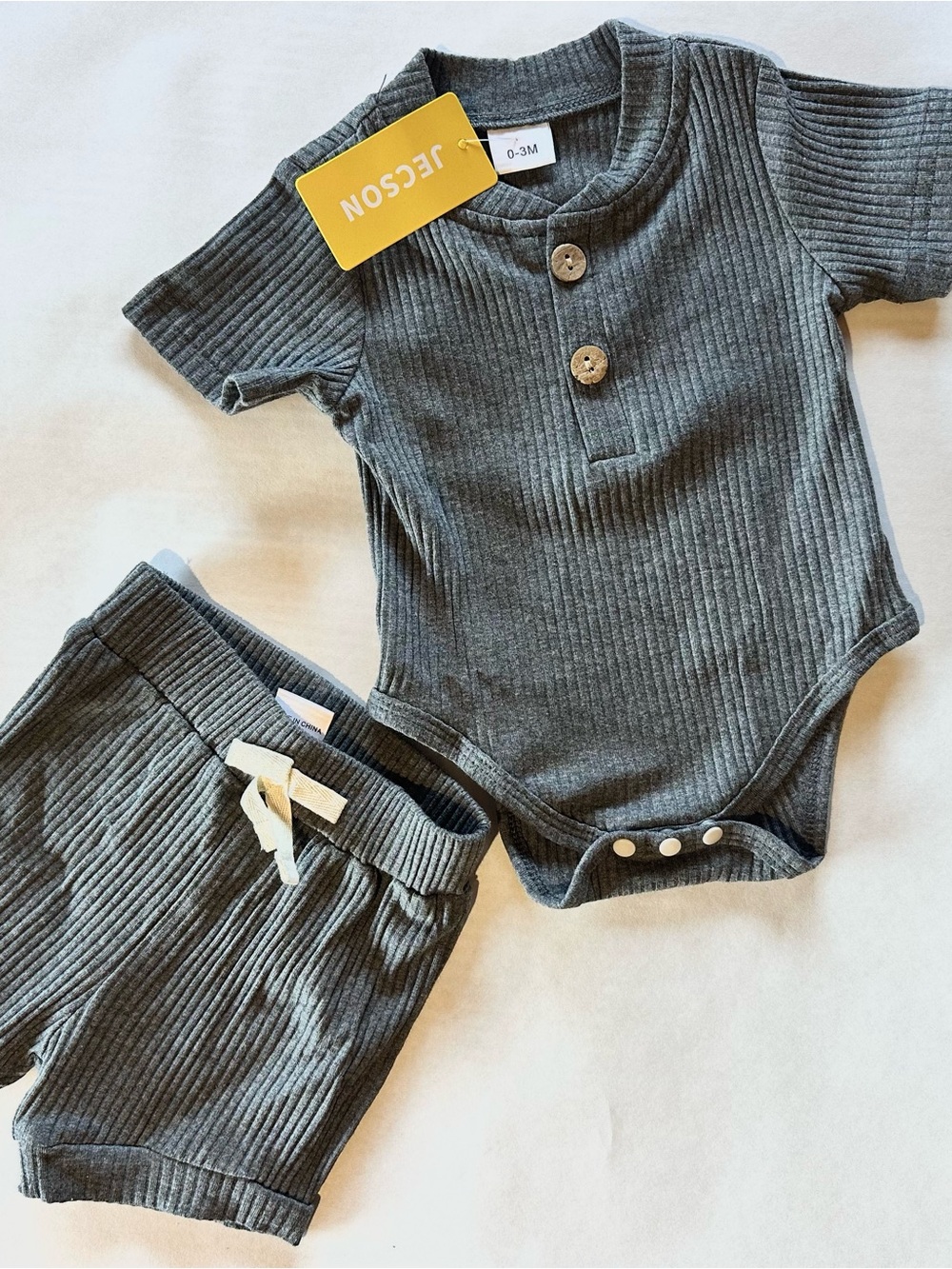 Ribbed Button Baby Matching Set - Short Sleeve Bodysuit & Shorts - Charcoal